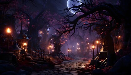 Scary Halloween background with full moon and spooky forest. 3D Rendering