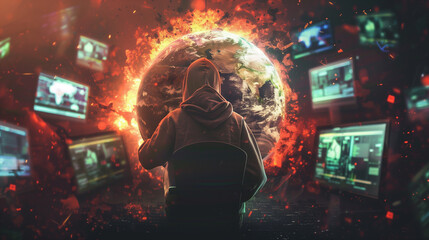 A man is looking at a computer screen with a globe and a lot of explosions. The man is wearing a hoodie and he is looking at the screen with a sense of curiosity or concern. The scene is chaotic