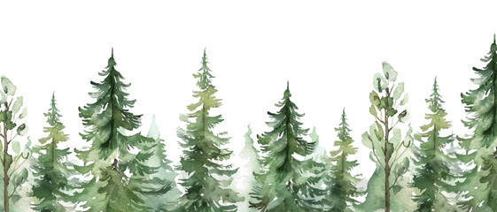 watercolor green pine forest landscape banner