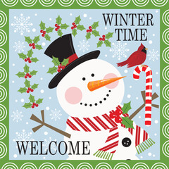 Christmas card design with cute snowman, candy cane and bird