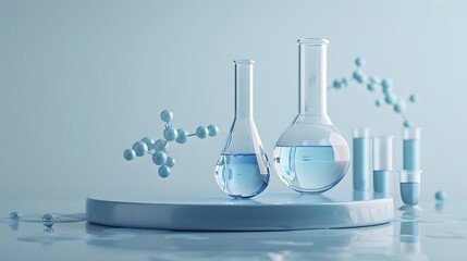 A blue minimalist lab scene with a circular transparent stage on the table top. creating a profes.