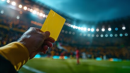 A photograph depicting a guy referee brandishing a yellow card over a backdrop of a football stadium sporting multiple lights on and space, Generative AI. - obrazy, fototapety, plakaty