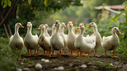 A geese and ducks walking in the farm. - obrazy, fototapety, plakaty