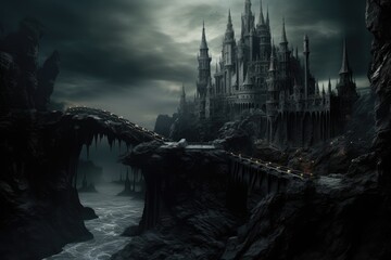 Abyssal Abyss: A castle at the edge of a bottomless abyss. - obrazy, fototapety, plakaty