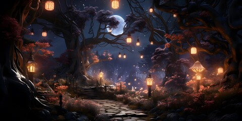 Night scene in the forest with lanterns and trees. Panorama