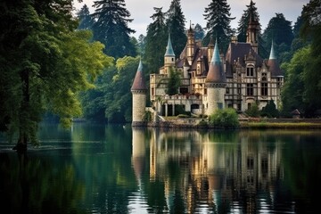 Fototapeta na wymiar Mirror Lake: A castle reflected in the calm waters of a magical lake.