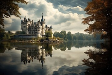 Fototapeta na wymiar Mirror Lake: A castle reflected in the calm waters of a magical lake.