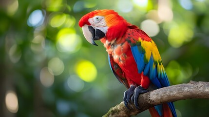 Colorful scarlet macaw parrot in nature Jungle Habitat, wildlife in forest concept.