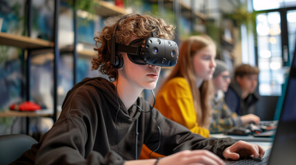 Student Engaging with Educational VR Technology. Young student is immersed in an educational virtual reality experience, using a VR headset in a classroom setting with peers.