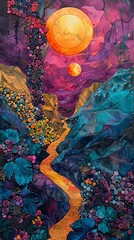Fototapeta premium Abstract vineyard with winecolored rivers and grape clusters as suns setting in the sky