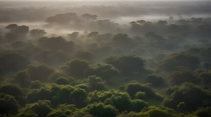 Fototapeta na wymiar A soft focus, aerial view of a forest on a misty morning, shot from a hot air balloon.generative.ai