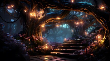 Fantasy dark forest with old tree and lights. 3d rendering