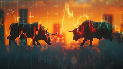Financial twilight with silhouettes of bulls and bears in a standoff under a market chart sky