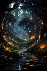 Fantasy landscape with dark forest and river, 3d render illustration