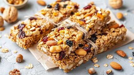 Granola bars stacked on a surface