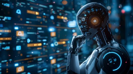 Robotic Head Thinking with Digital Brain Interface. Close-up of a robot's head with a contemplative pose, featuring an intricate digital brain interface with glowing elements.