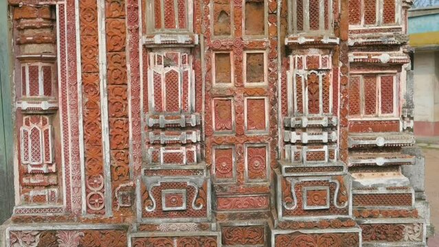 Famous Antpur Radhagovindjiu temple with crafted wood and exquisite terracotta carvings depicting stories from all 18 puranas. Here Swami Vivekananda took monastic vows in 1886, West Bengal, India