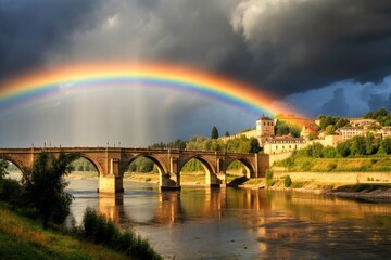 Rainbow Bridge: A bridge leading to the castle formed from a rainbow. - obrazy, fototapety, plakaty