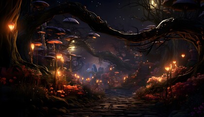 3D illustration of a fantasy landscape with a dark forest and a dead tree