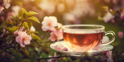 Tea and flowers. Cup of tea on a table in summer garden outdoor. Herbal Tea and pink roses or rosehip flowers