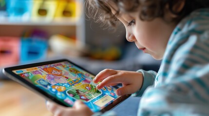 Curious Child Playing on a Digital Tablet. Young child focused on playing an educational game on a digital tablet in a brightly lit, colorful playroom.