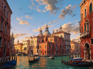 picturesque Venice historic or modern times canal, buildings church dome architecture painted illustration