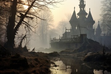 Naklejka premium Cursed Swamp: A castle on the outskirts of a mysterious, fog-covered swamp.
