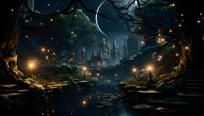 Fantasy landscape with a dark forest and a full moon. 3d rendering