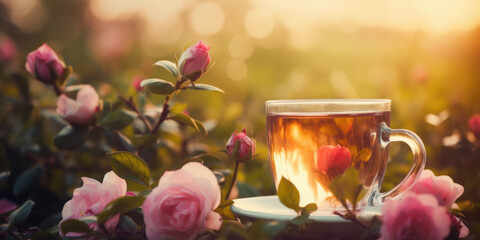 Tea and roses. Cup of tea on a table in summer garden outdoor. Herbal or Floral Tea and pink rose flowers	