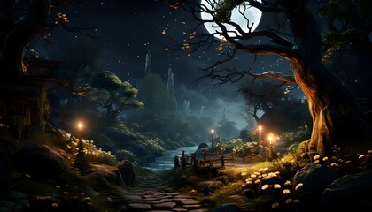 Fantasy landscape with old tree, moon and mountain. 3d rendering