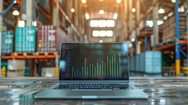 Laptop on a reflective surface displaying financial graphs, set against the blurred background of an industrial warehouse.