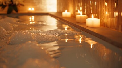 A spalike setting with soft amber lighting promoting a sense of calm and relaxation. .