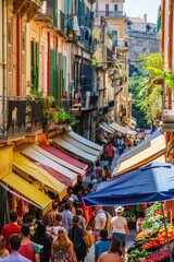 A bustling marketplace with colorful awnings, street vendors selling fresh produce, and the sound of jazz music drifting through the air, Generative AI