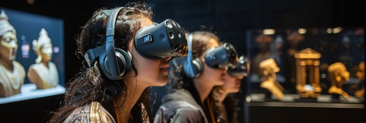 Two women experiencing virtual reality in museum, wearing VR headsets exploring art. Concept of modern technology in cultural spaces