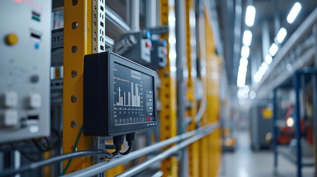 Industrial Control System in a Manufacturing Plant. Control system monitor displays operational data on the production floor of a modern industrial manufacturing facility.