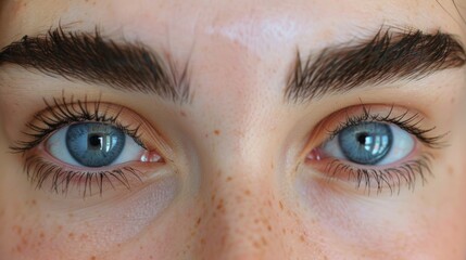 A perfectly symmetrical pair of brows sit above crystal blue eyes conveying a sense of stability and balance. .