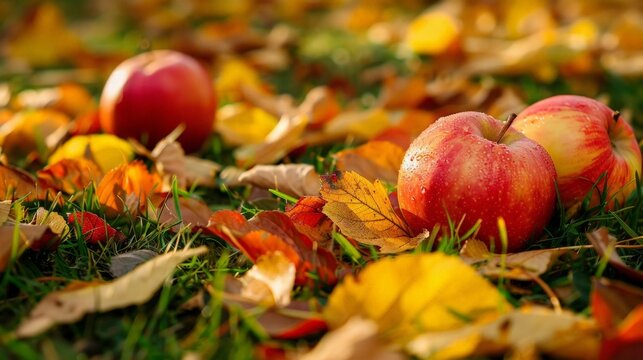 Apples on ground amidst grass and leaves