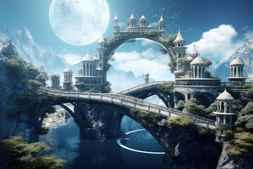 Obraz premium Celestial Bridge: A bridge connecting two floating islands near the castle.