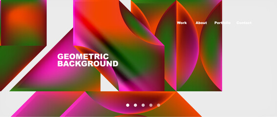 Fototapeta premium A vibrant geometric background featuring colorful triangles and circles on a white backdrop with shades of purple, violet, magenta, and petal patterns reminiscent of terrestrial plants