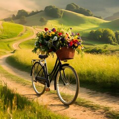 A stunning professional photograph of a bicycle cruising through a picturesque countryside. 