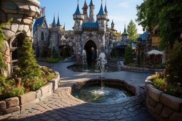 Wishing Well Plaza: A plaza with a magical wishing well in front of the castle. - obrazy, fototapety, plakaty