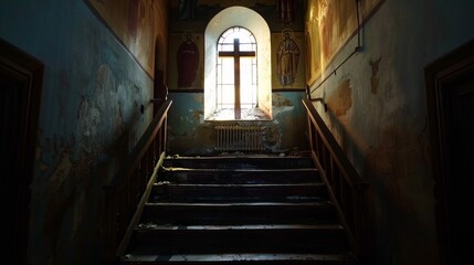 Good Friday Serenity: Solemn Light Through Cross-Window in Orthodox Church