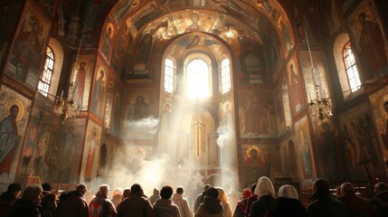 Solemn Good Friday Orthodox Service: Parishioners Venerating the Holy Shroud in a Decorated Church