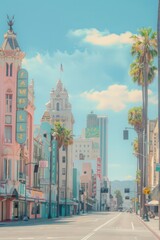 Fototapeta na wymiar A retro-inspired cityscape with pastel-colored buildings, palm trees, and vintage billboards lining the streets, Generative AI