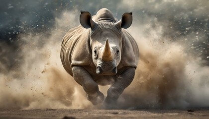 rhino charging aggressively leaving a cloud of dust