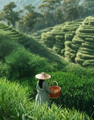 woman with hat and basket in a rice field