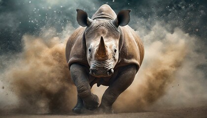 rhino charging aggressively leaving a cloud of dust