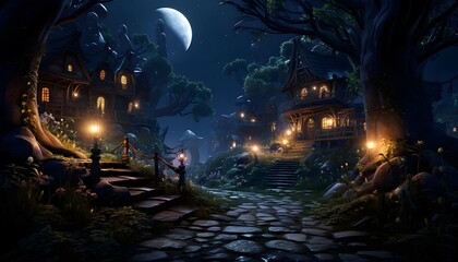 Mysterious old house in the forest at night 3d illustration