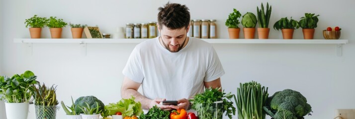 Tech-Savvy Young Man Scanning Food Barcodes for Healthier Lifestyle Choices in Modern Kitchen - Powered by Adobe