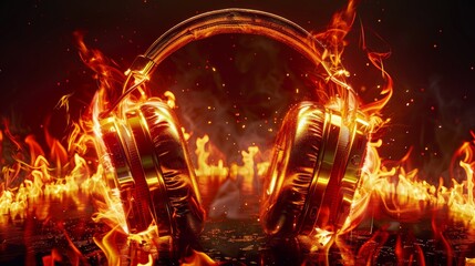 Fototapeta na wymiar EnthraEnthralling headphones engulfed in vibrant flames capturing the intensity of sound